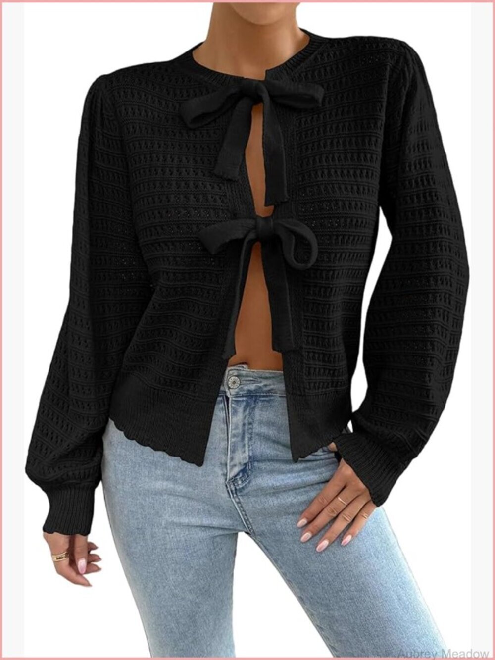 Crochet Knit Bow Tie Front Cardigan Long Lantern Sleeve Crew Neck